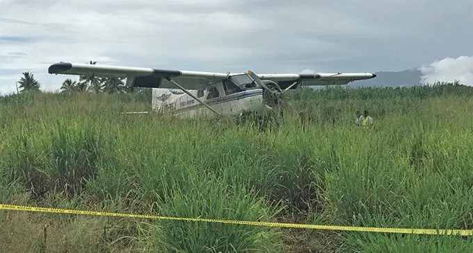 The Turtle Airways seaplane that made a forced landing in a sugarcane field at Saweni, Lautoka, yesterday morning. Photo: Avinesh Gopal