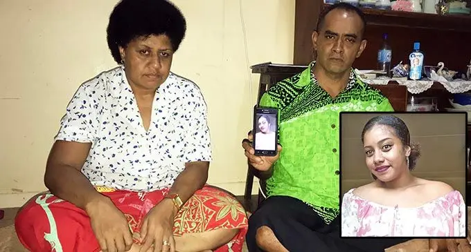 Salanieta Leba’s parents, Veniana Waqairatu and Savenaca Waqairatu, with a photo of Ms Leba at their home in Nausori on June 30, 2019. INSET: The late Salanieta Leba. Photo: Ashna Kumar