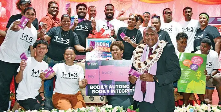 Assistant Minister for Health Penioni Ravunawa, Dr Racheal Nath with Ministry of health staff and volunteers during the National Condom Campaign launch in Suva on March 7, 2025. Photo: Ronald Kumar