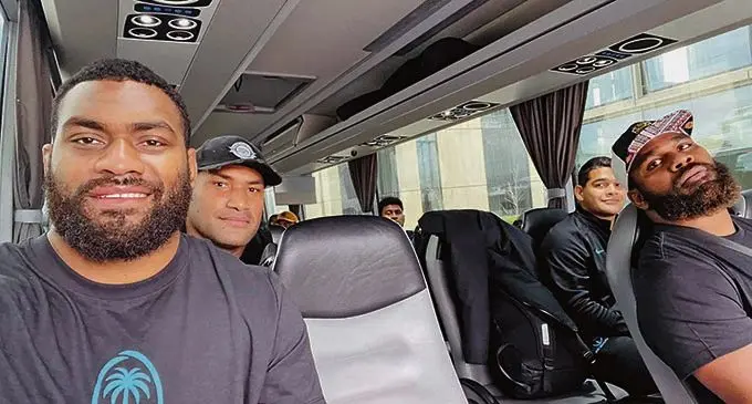 Flying Fijians (eft) Mesulame Kunavula, Nemani Nadolo, Temo Mayanavanua, Sam Matavesi and Albert Tuisue in their team bus in Christchurch, New Zealand on  July 3, 2021. The Flying Fijians will travel down to Dunedin on Thursday to round up their preparations for Saturday’s Test match. Photo: FFABTM