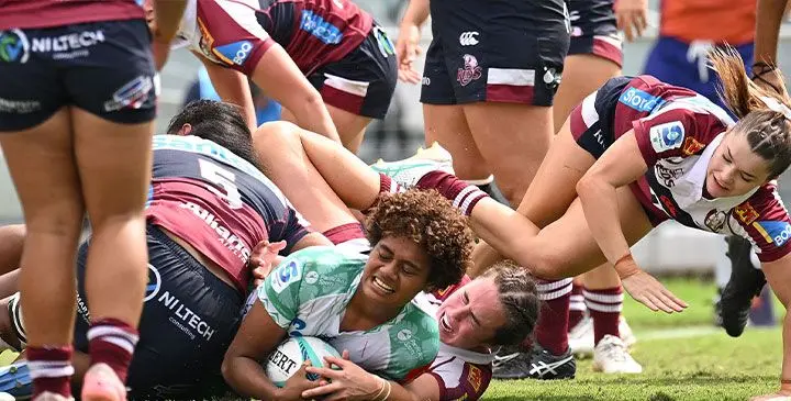 Rooster Chicken Fijian Drua women flanker Alfreda Fisher scores the team’s first try during their Super W semi-final clash against Reds at Ballymore Stadium, Brisbane, Australia, on April 6, 2025. Drua lost 40-54. Photo: AAP