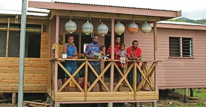 Mesake Ravu (second from left), with some villagers who are helping build Tomasi Ramosi’s house. Photo: Josefa Babitu