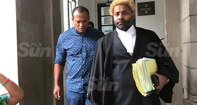 Apisai Lomani Junior (left) with his lawyer John Rabuku outside the High Court in Suva on October 21, 2020. Photo: Ashna Kumar