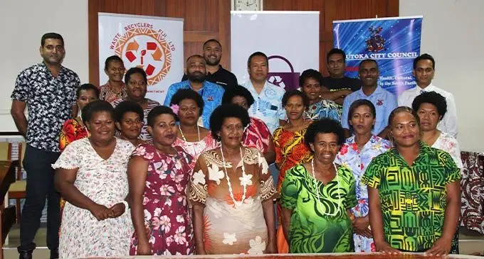 Stakeholders from the Lautoka City Council, Pacific Recycling Foundation, Waste Recyclers Fiji and the International Union for the Conservation of Nature (IUCN) with members of the Collection Pillars of Recycling on July 19, 2022. Photo: Pacific Recycling Foundation