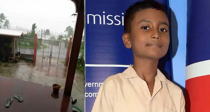 From Left-Right: The photo that Sheehan Aayan Chand took during Tropical Cyclone Ana and Sheehan Aayan Chand.