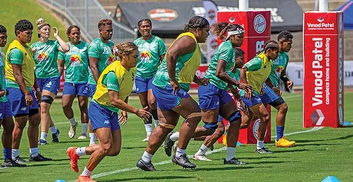 From left; Alycia Namosimalua, Siteri Rasolea and Doreen Narokete lead their Rooster Chicken Fijiana Drua team-mates during training at the HFC Bank Stadium in Suva on March 31, 2023. Photo: Leon Lord