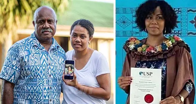 Left: Sakiusa Tubuna and his youngest daughter Seiniana Tubuna with a picture of the late Karalaini on November 16, 2020. Photo: Leon Lord. Right: Karalaini Tubuna with her certificate.