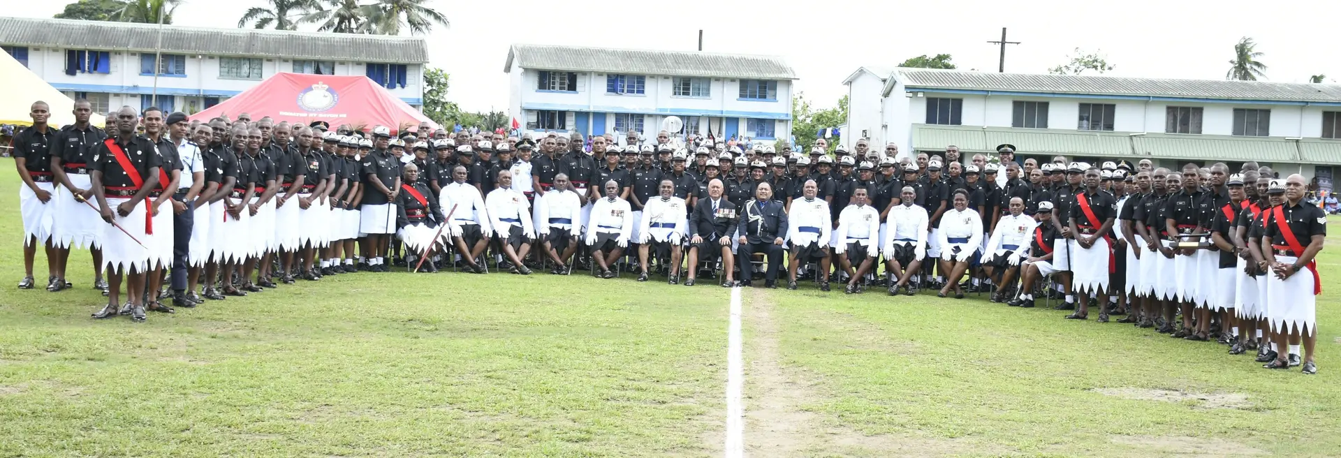 Minister of Policing and communication, Ioane Naivalurua with Fiji Police Force Basic Recruit Course Batch 68 at the Fiji Police Academy in Nosova on December 19,2025. 