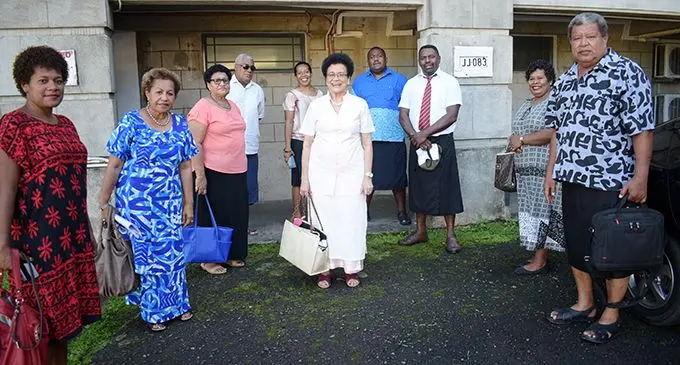 SODELPA members Emele Duituturaga (second from left), Mere Samisoni (sixth from left) and (right), Watisoni Nata with party supporters outside Suva courthouse on April 23, 2020.  Photo: Ronald Kumar