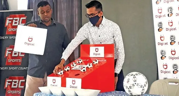 Fiji Football Association competition manager Amitesh Pal (left) and Digicel Fiji chief executive officer, Farid Mohammed during the Futsal Inter-District Competition pool draws at the Fiji FA headquarters in Vatuwaqa on January 19, 2022. Photo: Sereana Salalo