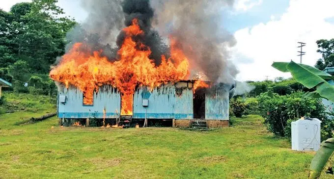 The burning building at Mataso Village in Ra on January 5, 2022. 