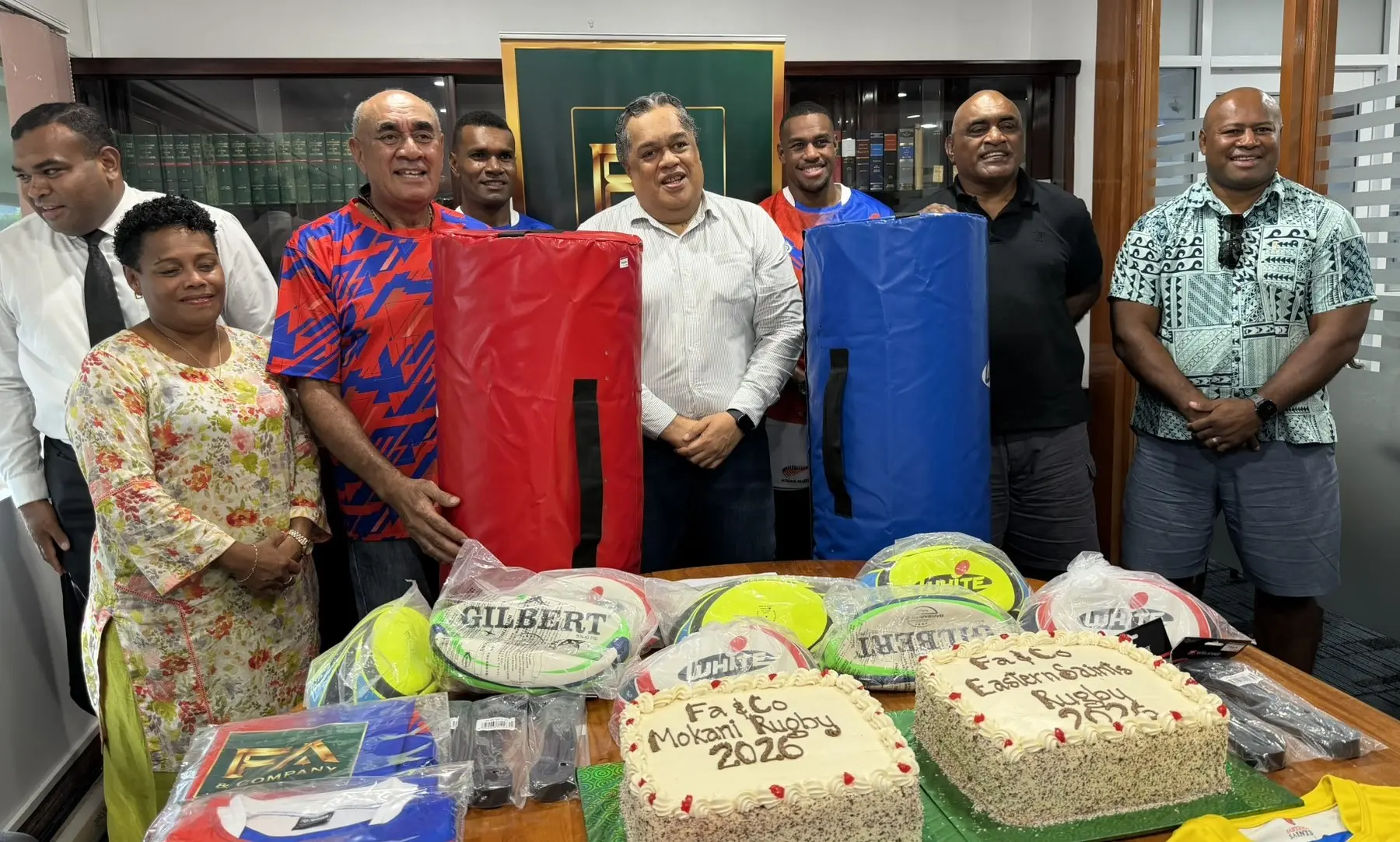 Tailevu Rugby Union and Mokani rugby club president Joseph Rodan Snr (third from left), head of Fa & Company Isireli Fa (fifth from left), Seremaia Bai (right) with club members and executives during the sponsorship handover at FA & Companies head office at FNPF Place, Victoria Parade, Suva on June 12, 2026.