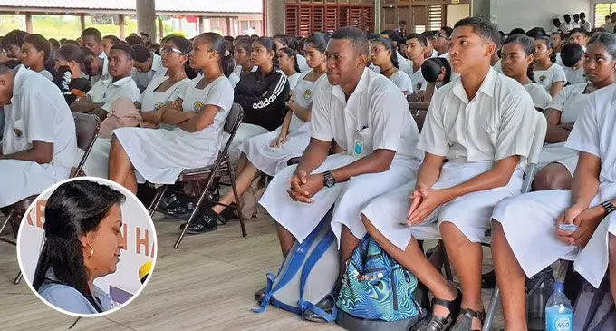 High school students of Lautoka attended the Global Handwashing Day organised by Ocean Soaps, a division of Punjas, at the Girmit Centre in Lautoka on October 15, 2024. Photo: Azeria Narayan Inset photo: Punjas quality control manager Priya Kumar speaking to the students.