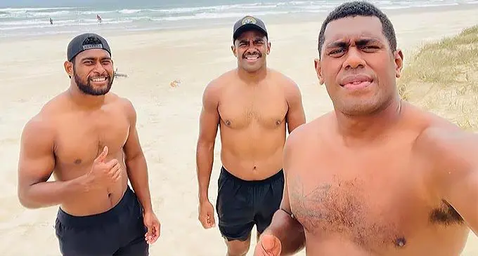 Swire Shipping Fijian Drua reps (from left) Tuidraki Samusamuvodre, Kitione Taliga and Kalione Nasoko in Australia. Photo: Fijian Drua