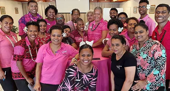 (Fourth from left) Tanoa International Hotel staff memers Iva Varo and Naseka Ronakuru with fellow workers at the Tanoa International Hotel in Nadi on October 29, 2022. Photo: Nicolette Chambers
