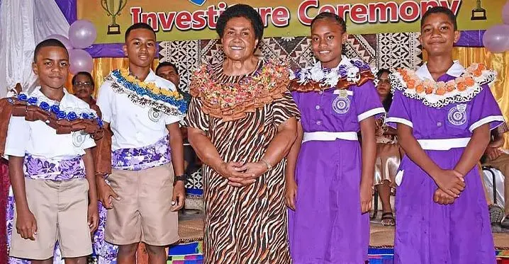 Prime Minister Sitiveni Rabuka’s wife, Sulueti, with part of the students council members of Chauhan Memorial School in Veisari. Photo: DEPTFO News
