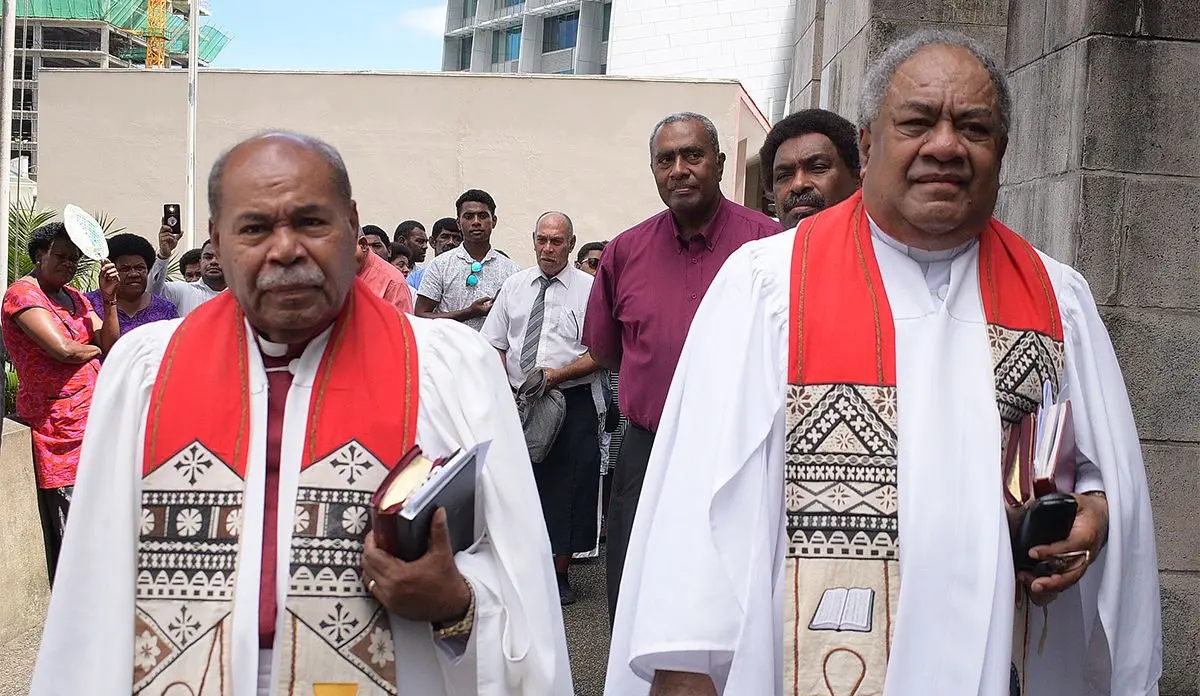 Former Methodist Church President Rev. Dr. Tevita Banivanua (left) with President Dr. Epineri Vakadewavosa during Methodist Church of Fiji Deputy General Secretary Rev. Seremaia Waqainabete funeral service at Centenary Church on March 29, 2019. Photo: Ronald Kumar.