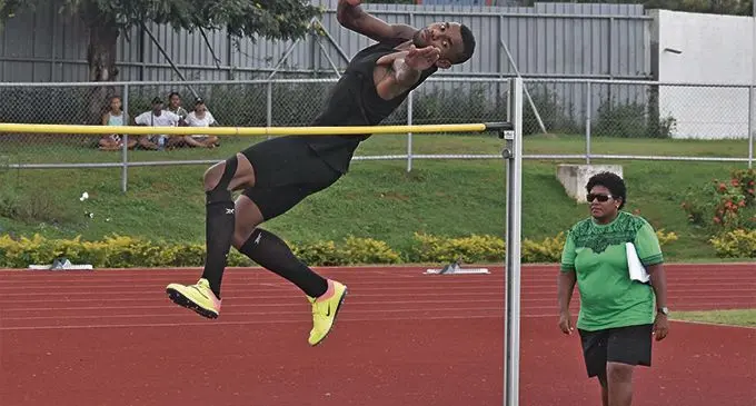 Malakai Kaiwalu clears the bar in the Open Mens high jump during the Shop N Save Grand Prix at the Churchill Park in Lautoka yesterday. Photo: WAISEA NASOKIA