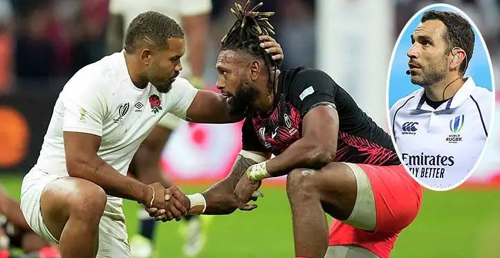 England's Ollie Lawrence(left) and Fiji's Captain Waisea Nayacalevu hug at the end of the Rugby World Cup quarterfinal match between England and Fiji at the Stade de Marseille in Marseille, France, on October 15, 2023. Photo: AFP/ Inset: Mathieu Raynal.