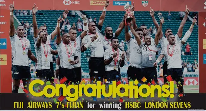 The Fijian Sevens Rugby team after winning the London sevens. 