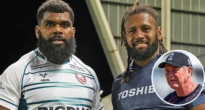 From left: Albert Tuisue and Waisea Nayacalevu have been named in the Flying Fijians November tour squad. Inset: Flying Fijians head coach Mick Byrne.
