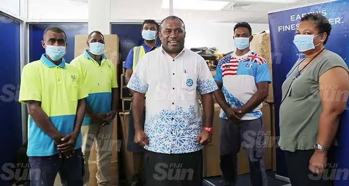 Minister for Health and Medical Services, Dr Ifereimi Waqainabete (fourth from left), receives items donated from FIJI Water Foundation in Suva on June 5, 2020. Photo: Kelera Sovasiga