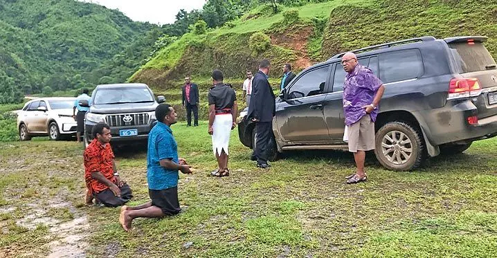 Prime Minister Sitiveni Rabuka is presented a traditional welcoming ceremony by the people of Sawanikula, Naitasiri on February 1, 2023. Photo: Josefa Babitu