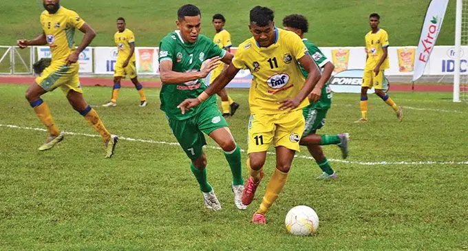 Nadi’s William Valentine (left) defends against Sajneel Sharma of Nadroga during the FMF Inter District Championship clash at Churchill Park, Lautoka, on October 17, 2024. Photo: Waisea Nasokia