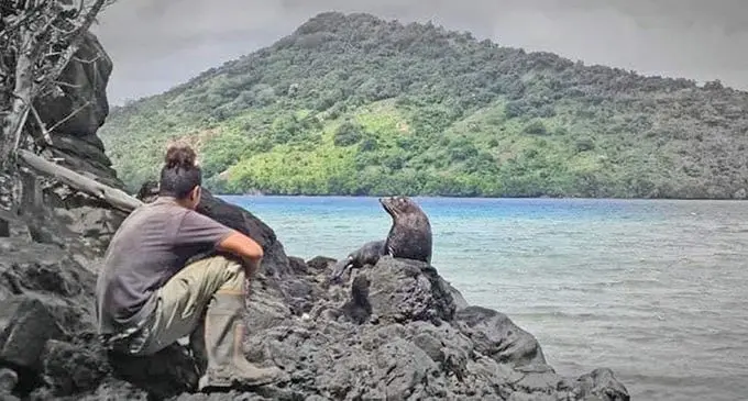 Rukua villager Marika Mocelutu looks on as a seal rests on rocks at Naumena point in Beqa Islannd on August 31, 2021.  Photos: Dakai Bolatagici