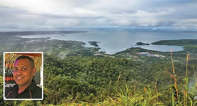 An aerial view of the Suva Harbour from Mount Korobaba. Insert: Gloria Jean’s cafe manager Manoa Rokoduidogo.