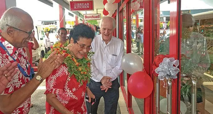 From left: FMF Foods Limited,managing director, Ram Bajekal, founder of Hot Bread Kitchen Mere Samisoni and, Architects Pacific founder, Stuart Huggett, at the opening of the newly renovated Hot Bread Kitchen bakery and cafe at Damodar City in Suva, on November 20,2020. Photo: Kelera Sovasiga