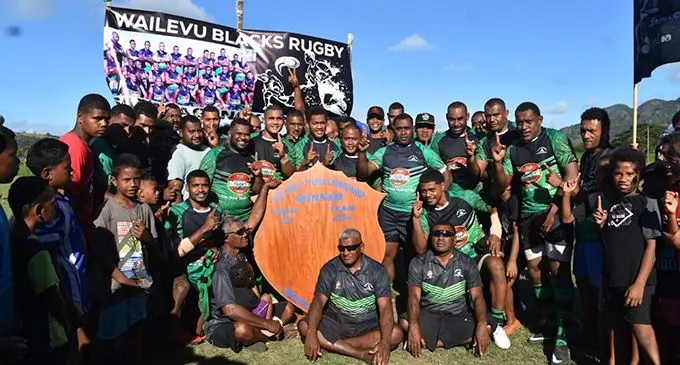 Fiji Bitter Wailevu rugby players, officials and supporters with the Sigadamu a Vanua Shield in Labasa on July 13, 2019  Photo: Laisa Lui 