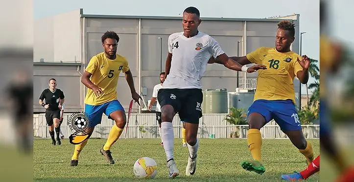 Digicel national football striker Sairusi Nalaubu controls the ball against Solomon Islands at Churchill Park, Lautoka, on March 26, 2023. Photo: Fiji FA Media