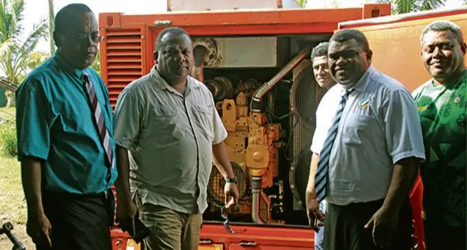 Minister for Agriculture, Inia Seruiratu (second from left) inspecting the generators at Nabouwalu, Bua. Photo: Ministry of Infrastructure and Transport