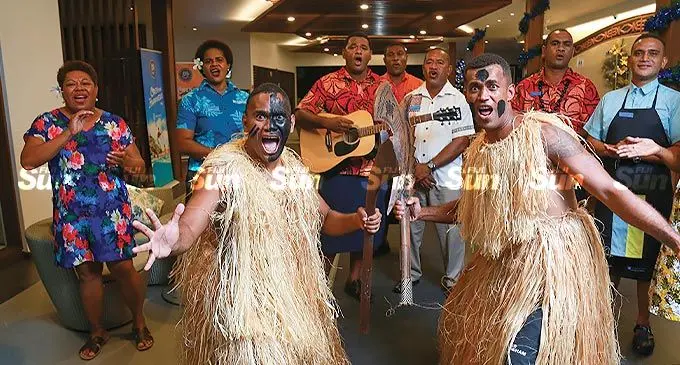Staff of Wyndham Resort in Denarau welcoming tourists at Nadi International Airport. Photo: Leon Lord.
