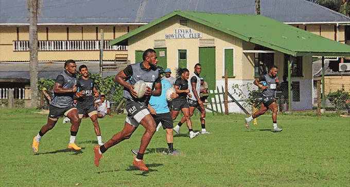 Fiji Airways Fijian 7s squad member Sevuloni Mocenacagi leads on attack during their training session at Nasau Park, Levuka, Ovalau on November 16,2022. The team and officials arrived yesterday. Photo: Manhar Lal