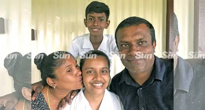 Ria Dipashna Devi (front/middle) is flanked by her mother Ashika Roy, brother Vignesh Mistry and father Vinesh Mistry and at their home in Votualevu, Nadi, on March 17, 2022.  Photo: Waisea Nasokia