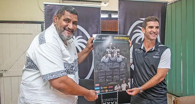 Fiji Rugby Union, CEO, John O’Connor (left) and national sevens coach, Gareth Baber during the launch of the calendar at Rugby House, on December 14, 2002. Photo: Leon Lord