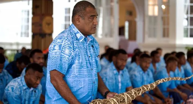 Team Fiji chef de mission Sale Sorovaki presents the i-tatau at the State House in Suva on June 28, 2024. Photo: Team Fiji