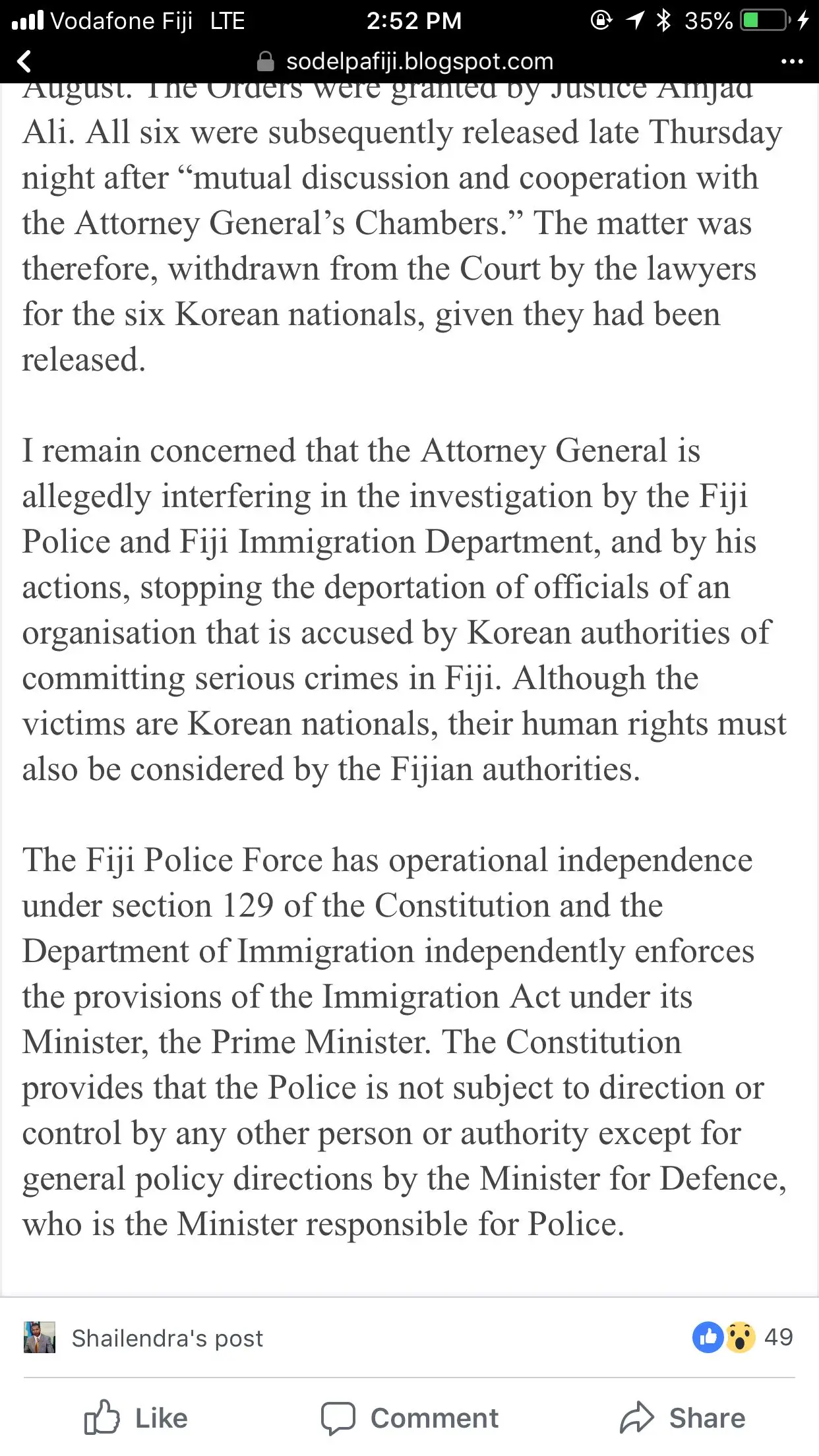 SODELPA released a statement by leader Sitiveni Rabuka calling on the Attorney-General to stop interfering in Grace Road investigation.