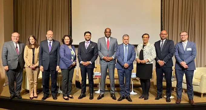 Attorney-General Aiyaz Sayed-Khaiyum (fifth from left), with delegates to the World Bank and International Monetary Fund meetings.