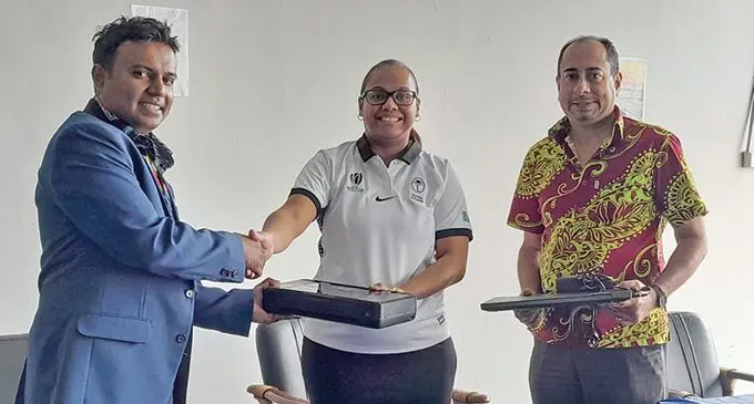 From left: Ministry of Education deputy secretary of Corporate Services Edwin Kumar receives the donated items from the Fijian Elections Office acting Supervisor of Elections Ana Mataiciwa and director of Corporate Services Sanjeshwar Ram at Laucala Beach on October 6, 2023. Photo: Wati Talebula-Nuku
