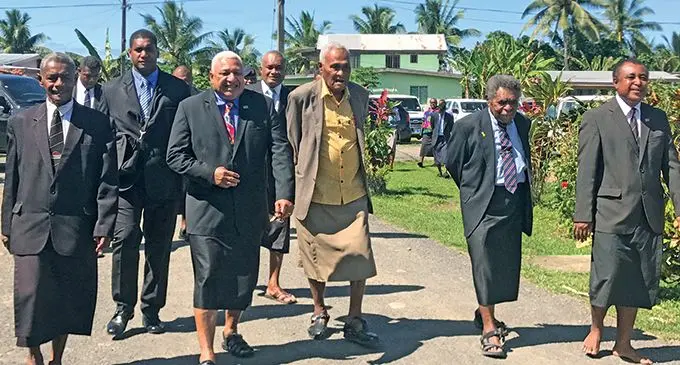 Prime Minister Voreqe Bainimarama with attendees of the Nadroga-Navosa provincial council meeting at Nasigatoka Village on Wednesday, May 4, 2022.  Photo: Waisea Nasokia