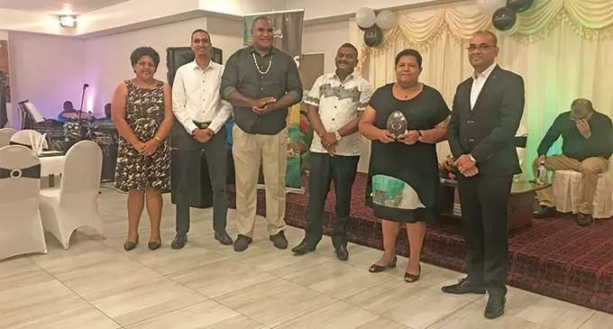 Fiji Revenue and Customs Service (FRCS), Intelligence, Compliance & Investigations team, from left: Secretary Ateca Bauli, Senior auditor Ifraz Hassan, Senior auditor Tevita Tuiloa, Intelligence manager Rohitesh Dass, Audit Compliance and Intelligence deputy director Kelerayani Dawai and FRCS chief executive officer Visvanath Das during the inaugural FRCS annual awards night at the Central Cuisine Restaurant and Events Centre – Laucala Bay (Sports City Complex) on April 12, 2019. Photo: Maraia Vula