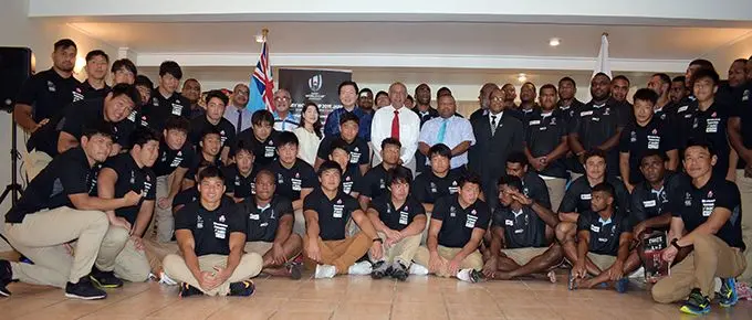 Japan Ambassador to Fiji Masahiro Omura, Speaker of the House Ratu Epeli Nailatikau, Defence Minister Inia Seruiratu, Minister for Infrastructure and Transport Jone Usamate (standing in the middle) with representatives from the Paralympics team, Junior Japan and Swire Shipping Fijian Warriors rugby players during the reception at Tamavua, Suva on March 13, 2019. Photo: Ronald Kumar