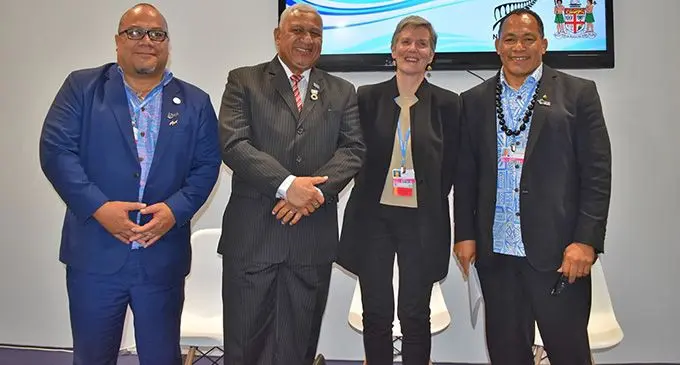Prime Minister Voreqe Bainimarama and other speakers at the closing of the Moana Blue Pacific Pavilion at the COP 25 in Madrid, Spain.