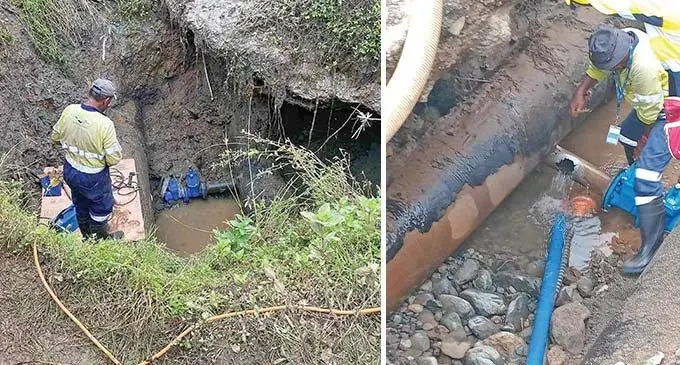 An exposed and damaged pipeline along Ki St in Wailoku. Photo: Water Authority of Fiji
