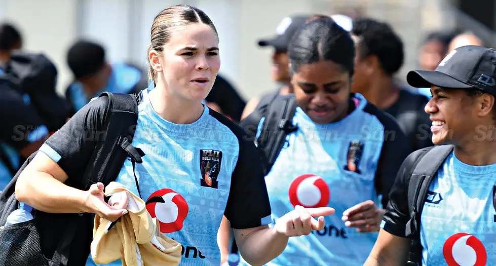 Fiji Bulikula captain Talei Holmes (left) with teammates following their training session at Albert Park, Suva on October 21, 2024. Photo: Ronald Kumar
