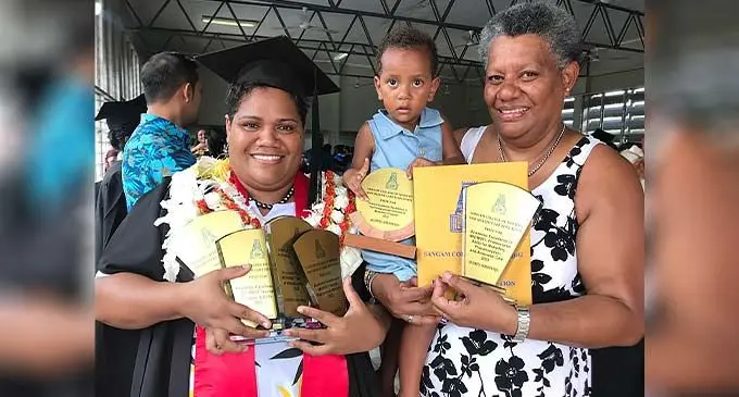 (From left) Alumita Soroiwaqa with her awards accompanied by her daughter Salaseini Rokovucago and sister-in-law Sainiana Rokovucago during the Sangam Institute of Technology College of Nursing and Health Care Education at the Civic Centre in Labasa on December 20, 2022 Photo: Shratika Naidu