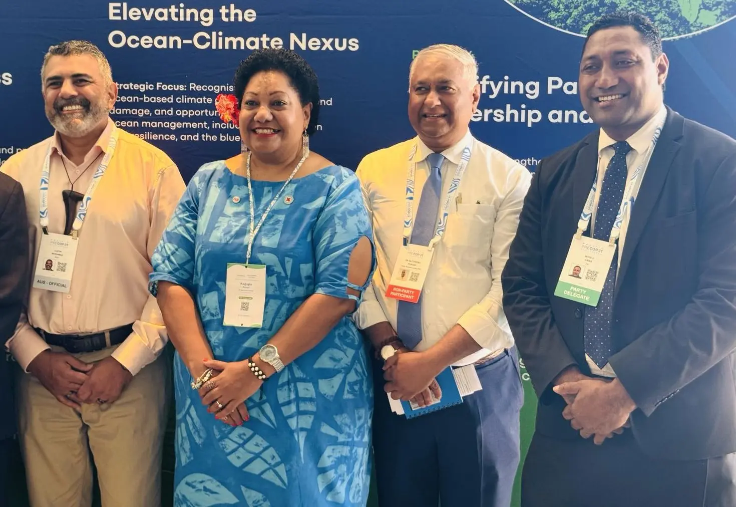 From left: Australia's ambassador for First Nations People Justin Mohamed, Fiji Red Cross Society director general Ragigia Dawai, Abt Global climate lead Dr Satyendra Prasad, and Permanent Secretary for the Ministry of Rural, Maritime Development and Disaster Management Mitieli Cama at the Pre-COP31 stakeholder event on climate finance for local flood adaptation - solutions for the Nadi catchment